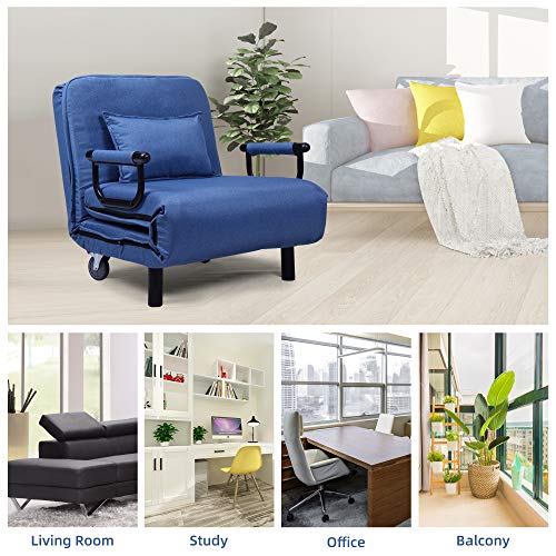 JAXSUNNY 29.5" Width Blue Sofa Chair Bed with Pillow Fabric Folding Arm Chair Convertible