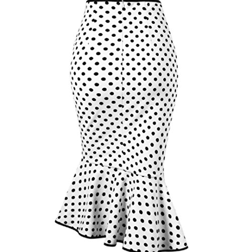 Kinrui Women’s Stretch Pencil Skirt Sexy Polka Dot Botton Ruffles Tight-Fitting Hip Party Skirts (White, 2XL)