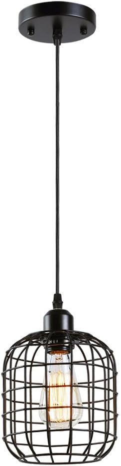 KOONTING Industial 1 Light Mini Pendant,Metal Cage Chandelier Hanging Lamp Fixture,Adjustable Wire, Black.