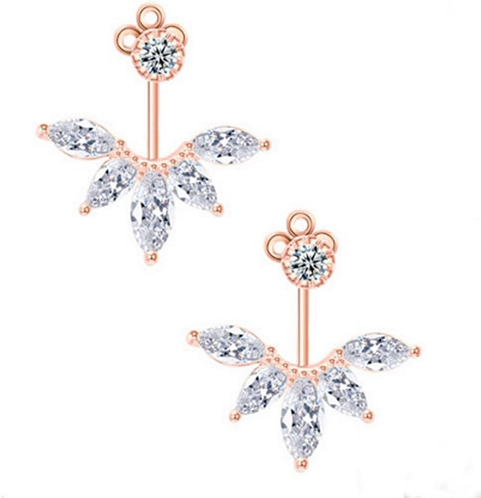 18K White Gold Plated Clear Crystal Leaf Feather Ear Jacket Earrings Back Ear Cuffs Stud Earring
