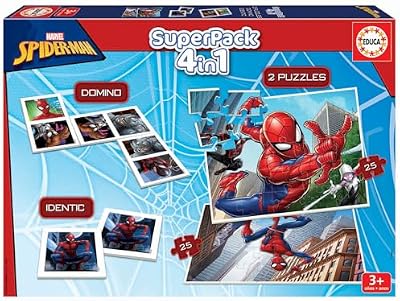- Superpack Spiderman Marvel 4 en 1 | Puzzles, Dominó, Memory Infantil | 2 Puzzles 25 y 50 Piezas, Dominó 21 fichas, Identic 24 Cartas | Juego Educativo niños 3 años (19353)