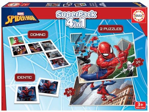 - Superpack Spiderman Marvel 4 en 1 | Puzzles, Dominó, Memory Infantil | 2 Puzzles 25 y 50 Piezas, Dominó 21 fichas, Identic 24 Cartas | Juego Educativo niños 3 años (19353)