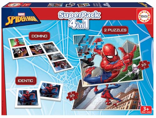 - Superpack Spiderman 4 en 1 | Coffret Jeux Enfants Marvel : 2 Puzzles 25 et 50 pièces, Domino 21 pièces, Jeu Mémoire 24 Cartes | Licence Marvel | Dès 3 Ans (19353)