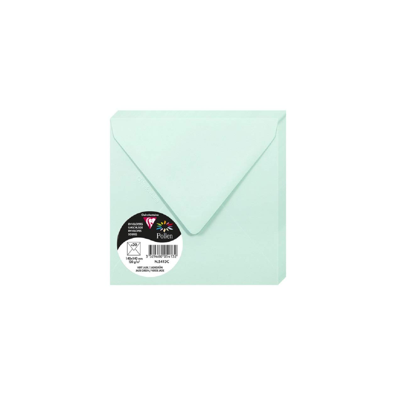 Clairefontaine 5413C Pack of 20 Gummed Envelopes Square Format 14x14cm 120g/m² Jade Green Invitation Events Correspondence Pollen Range Premium Smooth Paper
