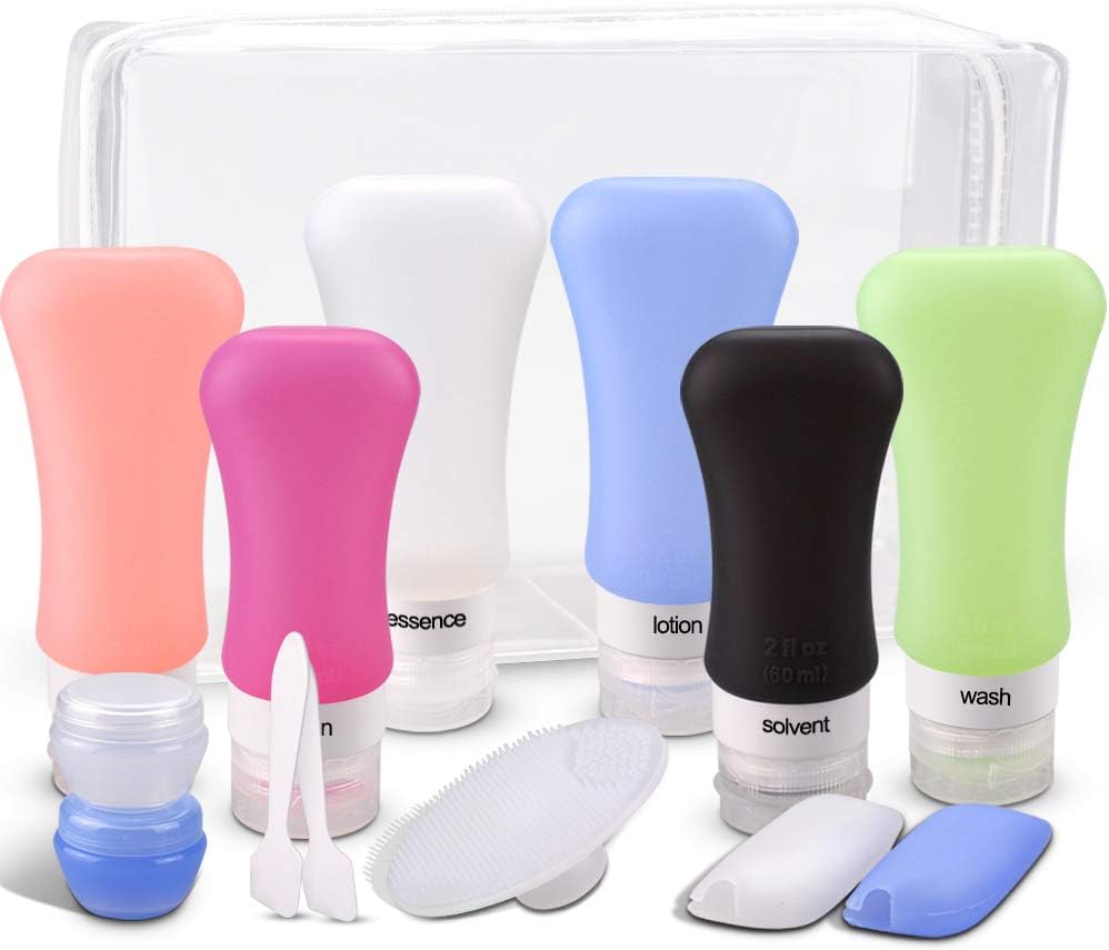Travel Bottles , Bontip Leakproof Silicone Travel Containers with 6 Pcs TSA Approved Squeezable Travel Bottles & Accessories for Cosmetic Shampoo Conditioner Lotion Soap (3/2oz)