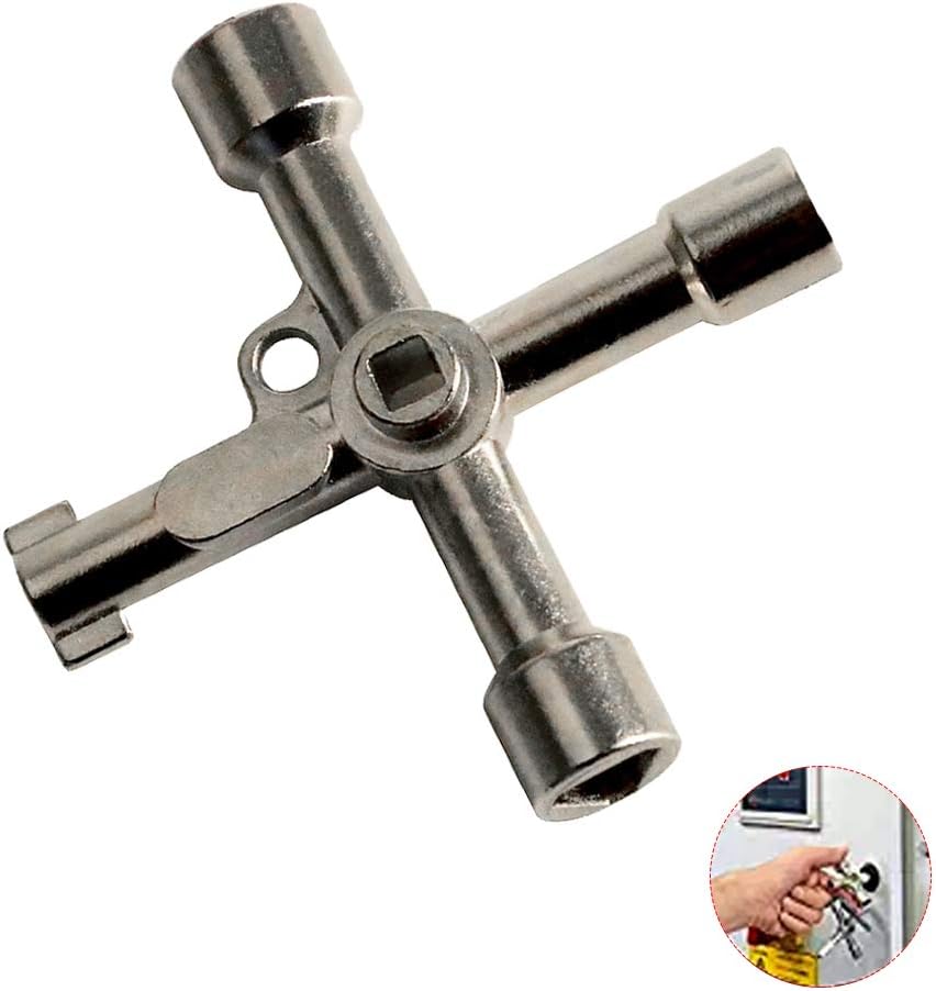 Gaocunh 4 Way Universal Utility Plumbers Key, 4 Way Utility Plumbing Multi Cross Key, Alloy Square Triangle Cross Key Tool for Train Electrical Elevator Cabinet Cupboard Box