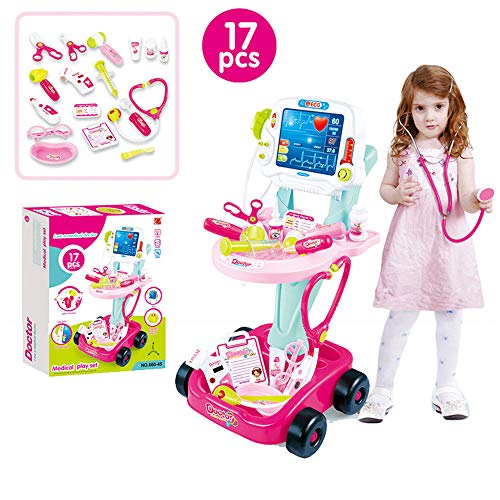 Kids Doctor Pretend Play Set | Childrens 2-Tier Doctor Cart Play Kit with Electric Simulation ECG Medical and Stethoscope Toy | Organizer Role Playing Game Educational Toys Gifts for Kids (Pink) - Thumbnail 6