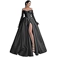 Off Shoulder Satin Prom Dresses Lace Wedding Dresses for Bride Long Sleeve Ball Gowns for Women Formal with Split