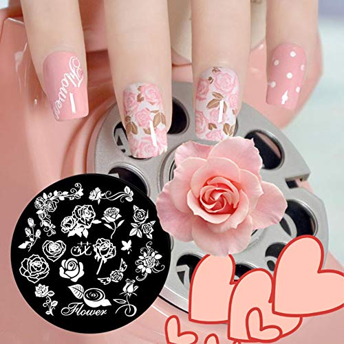 4Pcs Nail Art Stamping Plate Romantic Style Round Steel Plates Nail Design Kit Blue Film Stainless Steel Nail Stamp(Style2)