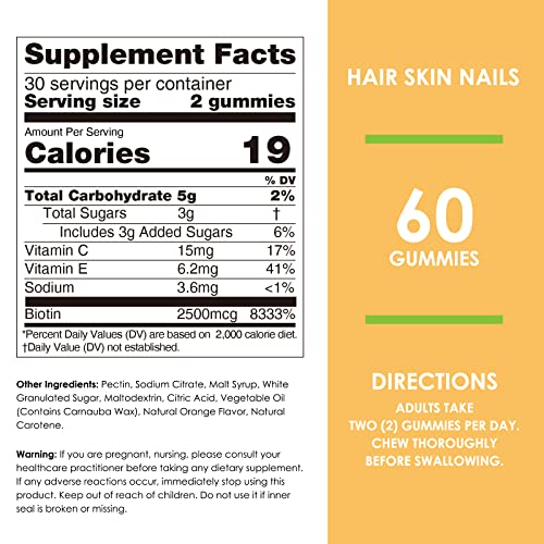 NATURE’S KEY BIOTIN GUMMIES WITH VITAMIN C AND E, SUPPORT HAIR NAILS GROWTH & BEAUTIFUL SKIN FOR WOMEN MEN AND KIDS, VEGAN, ORANGE FLAVORS 60 COUNT
