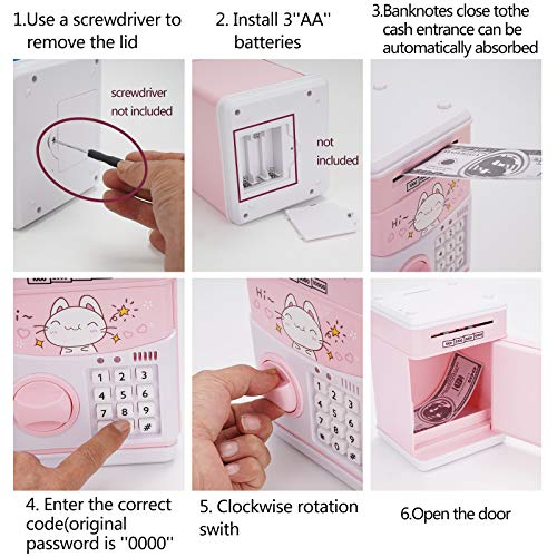 Mini ATM Savings Piggy Banks Toys for Real Money Save for Kids Girls Boys Adults, Electronic ATM Machine Coin Bank Money Saver Digital Password, Auto Scroll Cash Safe Box Gifts for Children Pink Cat