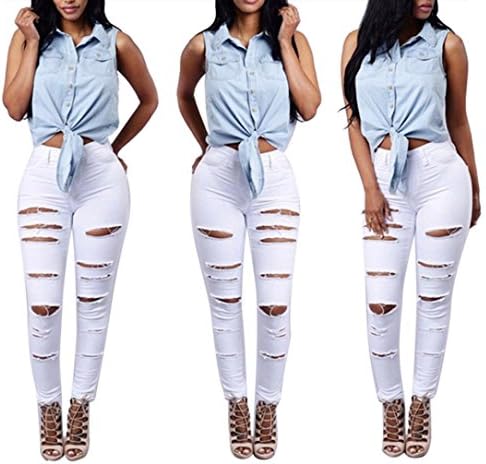 LOUSHI Fashion Women High Waisted Skinny Ripped Denim Pants Slim Pencil Jeans Trousers Jeans