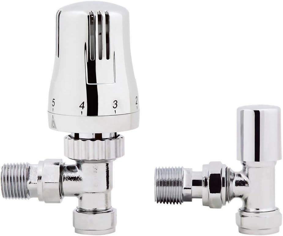 iBathUK Thermostatic Chrome Angled Towel Radiator Valves TRV 15mm Central