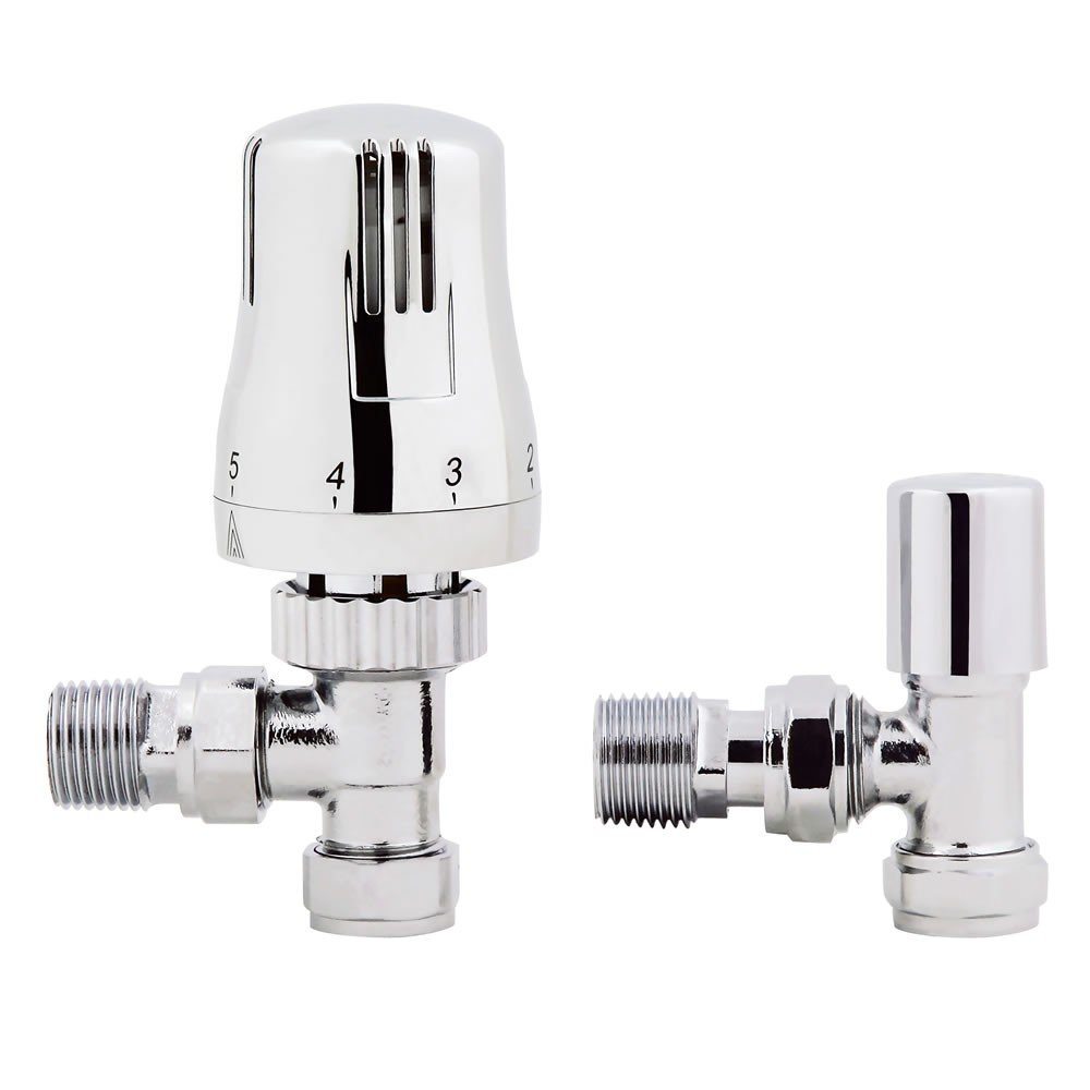 iBathUK | Thermostatic Chrome Angled Towel Radiator Valves TRV 15mm Central Heating Taps RA07A — image 1