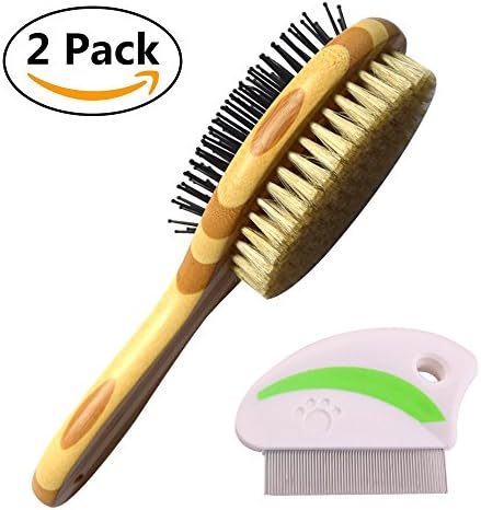 Dog Grooming Shedding Flea Comb Brush Set, Double Sided Pin Bristle Bamboo Brush and Flea Tick Stain Remover Comb for Dogs Cats, Professional Dog Hair Brush Cleans Pets Shedding Dirt