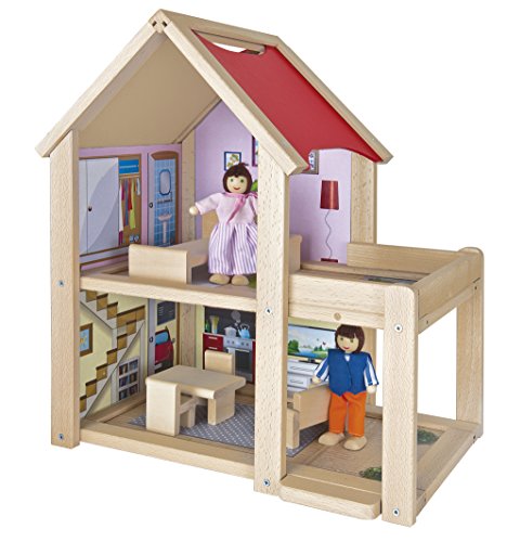 Eichhorn 100002501 - Puppenhaus fertig montiert inklusive 2 Puppen und Möbeln, 9-tlg., 22,5x36x41cm, Buchenholz – Bild 3