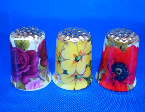 Birchcroft Porcelain China Collectable Thimbles - Set of Three Gold Vibrant Flowers