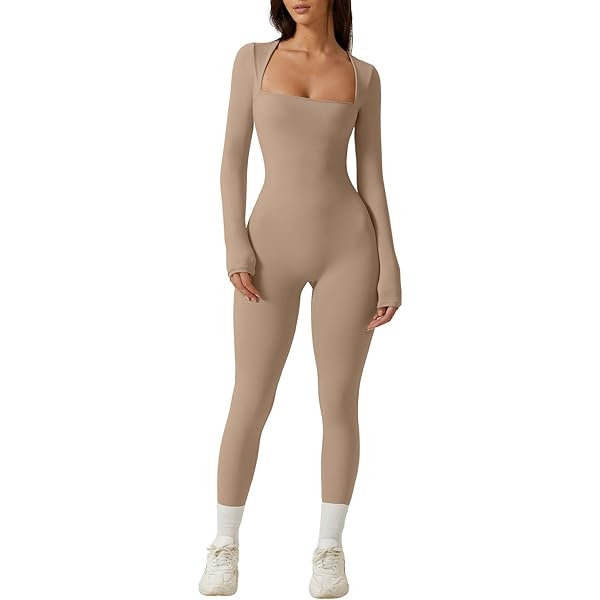Baetty Long Sleeve Romper Bodysuit - Women's Yoga Sports Jumpsuit With Square Neck & Ribbed Fabric