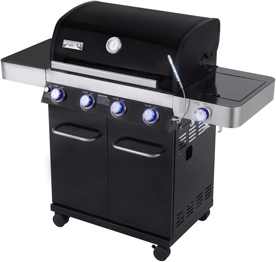 review Monument Grills 4 Burner Propane Gas Grill, Black,LED Controls,Side Burner,USB Light-13892
