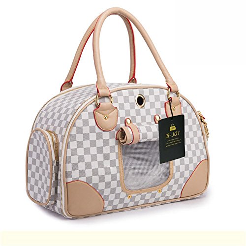 Fashion Dog Carrier PU Leather Dog Handbag Dog Purse Cat Tote Bag Pet Cat Dog Hiking Tasche (L(42cm29cm18cm), White)