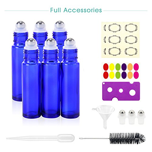 6,10ml Roller Bottles for Essential Oils - Cobalt Blue, Glass with Stainless Steel Roller Balls by Mavogel (3 Extra Roller Balls, 24 Pieces Labels, Opener, Funnel, Dropper, Brush Included)