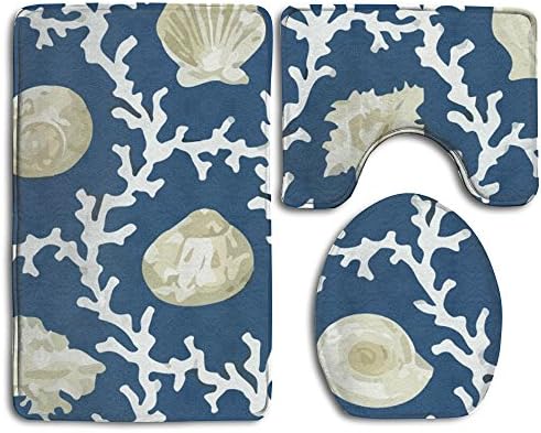 FionaLin Bath Mat,3 Piece Bathroom Rug Set,Seashell Corals Flannel Non Slip Toilet Seat Cover Set,Large Contour Mat,Lid Cover For Men/Women