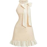 Floerns Women's Bowknot Halter Dress Pearl Ruffle Hem Party Mini Dresses | Elegant, Beaded, Sleeveless, A Line, Tea Party, Graduation, Formal, Wedding Guest Dresses