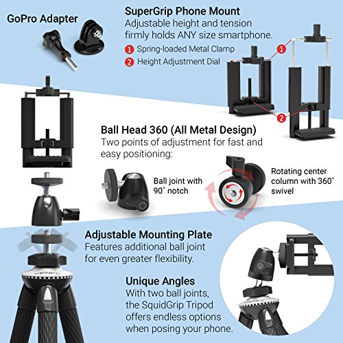 Xenvo SquidGrip iPhone Tripod, GoPro Tripod - Flexible Cell Phone Tripod Stand with Ball-Head 360, Compatible with iPhone, Android, Samsung, Google Smartphones, and ANY Mobile Phone