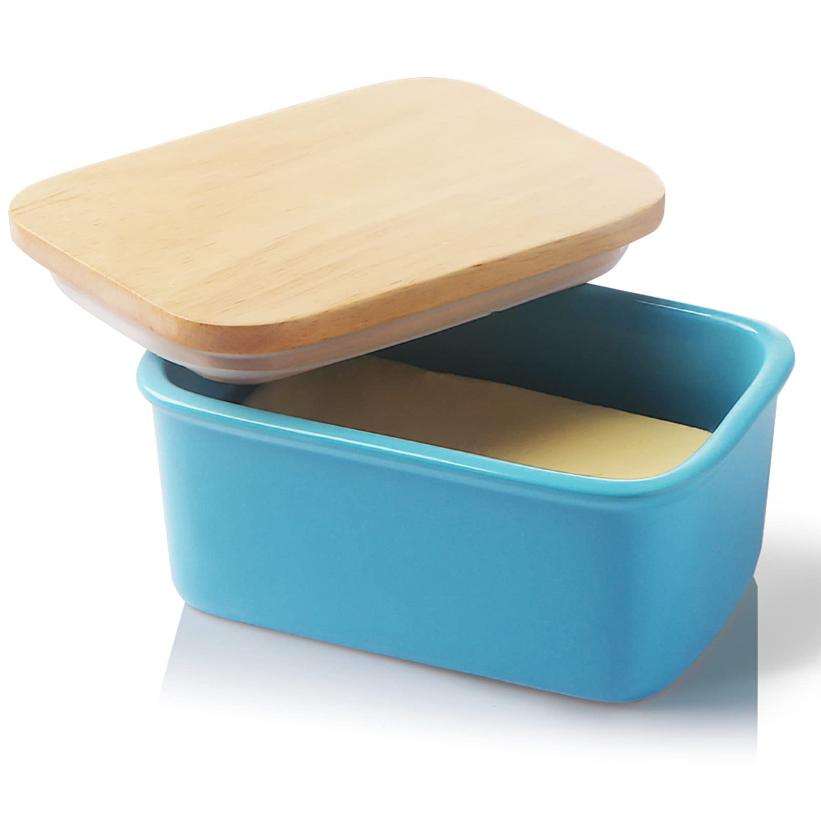 Sweejar Home Porcelain Butter Dish with Wooden Lid, Airtight Large Butter Keeper, Perfect for 2 Sticks of Butter (Steel Blue)