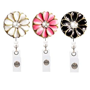 Image of Qinsuee Bling Rhinestones Retractable Badge Holder, ID/Name Badge Reel Alligator Clip with Camellia, Easy to wear, 3 Pack (Multiple)