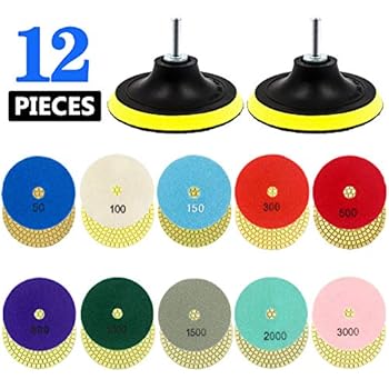 Tanzfrosch 4 inch Diamond Polishing Pads Set Wet/Dry Polishing Kit 10pcs 50#-3000# Grit Pads with 2pcs Hook and Loop Backer Pads for Granite Stone Concrete Marble Floor Grinder or Polisher (12 Pack)