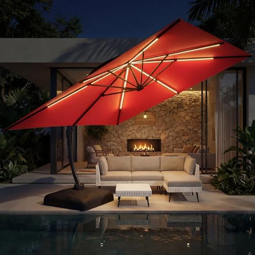 Amazon.com : 11X11 FT Square Cantilever Outdoor Patio Umbrella with Solar  Lights Base Included | Modern Contemporary Solid Pattern Black Color | Air  Vented Tilt Crank Mechanism 100% 250GSM Polyester Fabric Canopy :