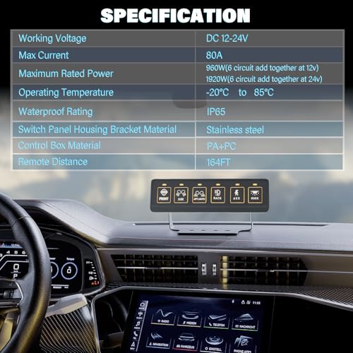 Fly Kan 6 Gang Wireless Switch Panel, Multifunction Remote Control Offroad Light Switch Panel with Waterproof and Universal Circuit IC Control System Switch Pod for 12V-24V Truck SUV ATV UTV Car etc.