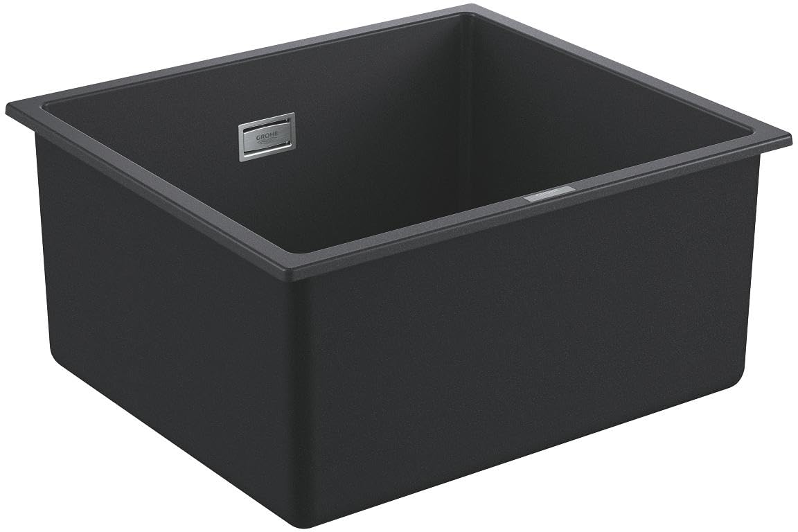 GROHE K700U - Quartz Composite Sink Undermounted with Overflow (1 bowl 417 x 366 x 203 mm, Included: Waste Kit, Basket Strainer Waste, Mounting Set), Dimensions: 457 x 406 mm, Granite Black, 31653AP0