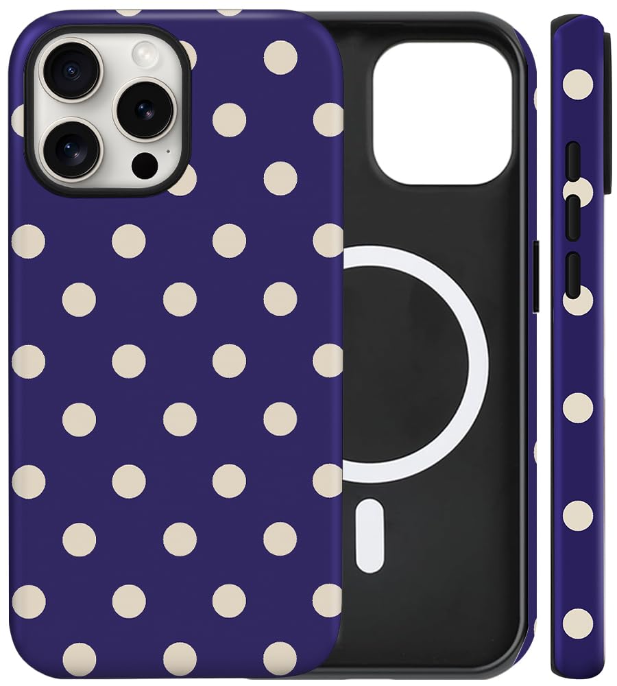 flewfun Magnetic for iPhone 15 Case Cute Big Polka Dot Phone Case, Shockproof Slim TPU and Hard PC Protective Phone Cover Compatible with MagSafe Designed for Women Girls, Large Blue&Apricot