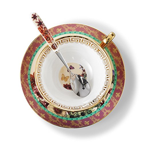 Panbado 3-Piece Bone China Tea Cup Saucer Set With Spoon Porcelain Gold Rimmed Teacup Coffee Set, Butterfly And Flower, 200 mL/6.8 oz., Multi-Color