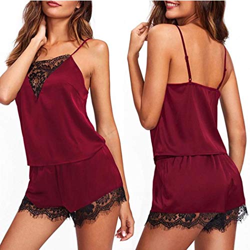 SUPRIQLO New Women Lace Patchwork Spaghetti Straps Sleeveless Sexy Lingerie Set Sets Wine Red