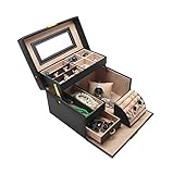 Black Girls Jewelry Box Case Lockable Mirrored Storage Organizer Rings Necklace Faux Leather and Beige Velvet