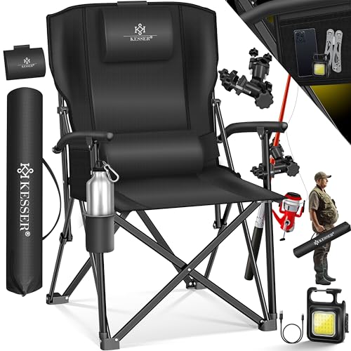 KESSER® Campingstuhl faltbar bis 160 kg | Angelstuhl Faltstuhl Klappstuhl Gepolstert mit Armlehnen | Campinglicht und Getränkehalter + Tasche mit hohe