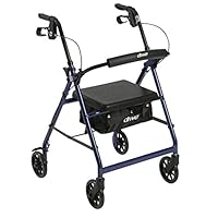 Drive Medical Aluminum Rollator Walker Fold Up and Removable Back Support, Padded Seat, 6" Wheels, Blue