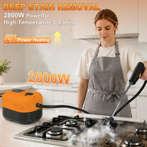 15-IN-1 Steam Cleaner Handheld【2800W Powerful Motor】【6 Level Pressure Steam - 4 BAR High Pressure】with Handle Control Button Cleaner for Household, Car, Kitchen - Orange