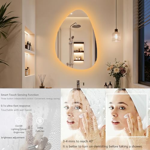 LED Irregular Wall Vanity Mirror, 50x70CM Backlight Mirror with Defogger, 3 Light Colors Stepless Dimming, Frameless Aesthetic Glass for Bathroom Tempered Glass