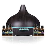 300ml Cool Mist Ultrasonic Humidifier + 6 Aroma Essential Oil Diffuser Gift Set - Dark Wood Grain 7 Color Led Lights Therapeutic Grade Oils