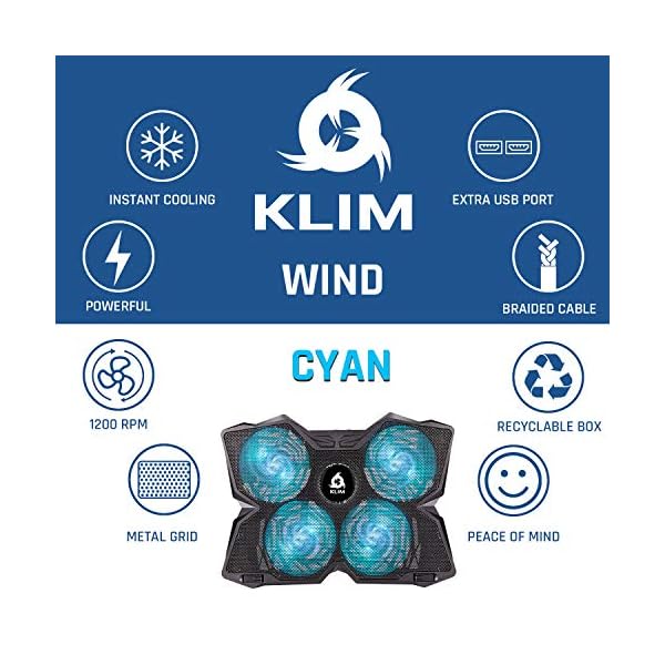 KLIM-Wind-Laptop-Cooling-Pad-The-Most-Powerful-Rapid-Action-Cooling-Fan-Laptop-Stand-with-4-Cooling-Fans-at-1200-RPM-USB-Fan-Compatible-New-2021-Version-Cyan KLIM Wind Laptop Cooling Pad - More than 500 000 units sold - NEW 2023 - The Most Powerful Rapid Action Cooling Fan…
