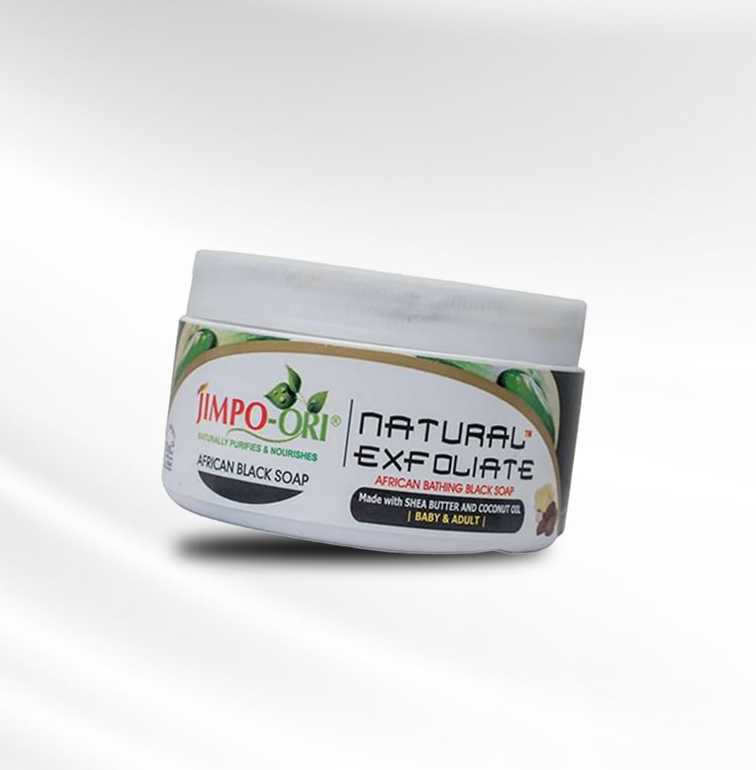 JIMPO-ORI Natural Exfoliate African Black Soap 250ml, Naturally Purifies & Nourishes all Skin Face Types – Men, Women, Adults, and Babies.