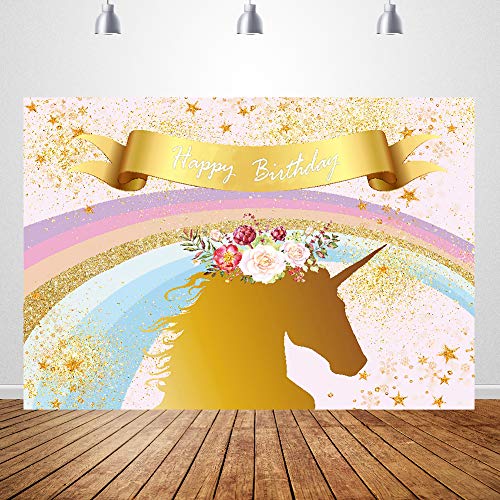 Rainbow Unicorn Themed Backdrop Birthday Party Banner for Girls 7x5ft Vinyl Gold Glitter Stars Photography Background Studio Props Baby Shower Dessert Table