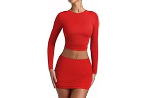 YFANG Women's Sexy Two Pieces Pencil Mini Skirt Set Long Sleeve Crew Neck Crop Top Short Bodycon Skirt Outfits
