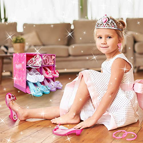 Princess Dress Up Shoes and Jewelry Boutique,Girls Role Play Shoes with Princess Jewelry, 4 Play Shoes with Fashion Accessories of Tiara Crown Earrings and Bracelets for Girls Aged 3 4 5 6 Years Old