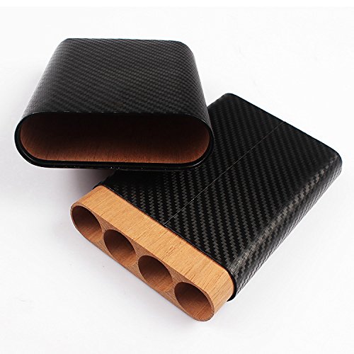 Carbon Fiber Leather Cedar Wood 4 Tube Cigar Case Holder Travel Humidor