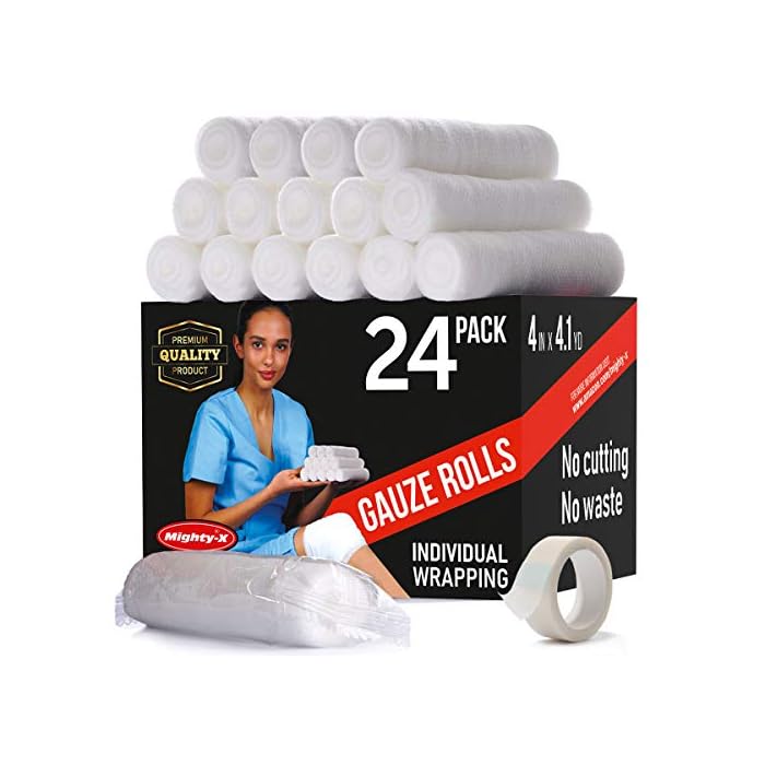 Premium Gauze Rolls - 24 pack - 4" Individually Wrapped + Bonus Tape - First Aid Conforming Rolled Gauze
